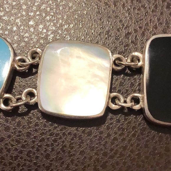 Sterling Silver Mother of Pearl Black & Turquoise Cabochon Linked Bracelet - Picture 7 of 10